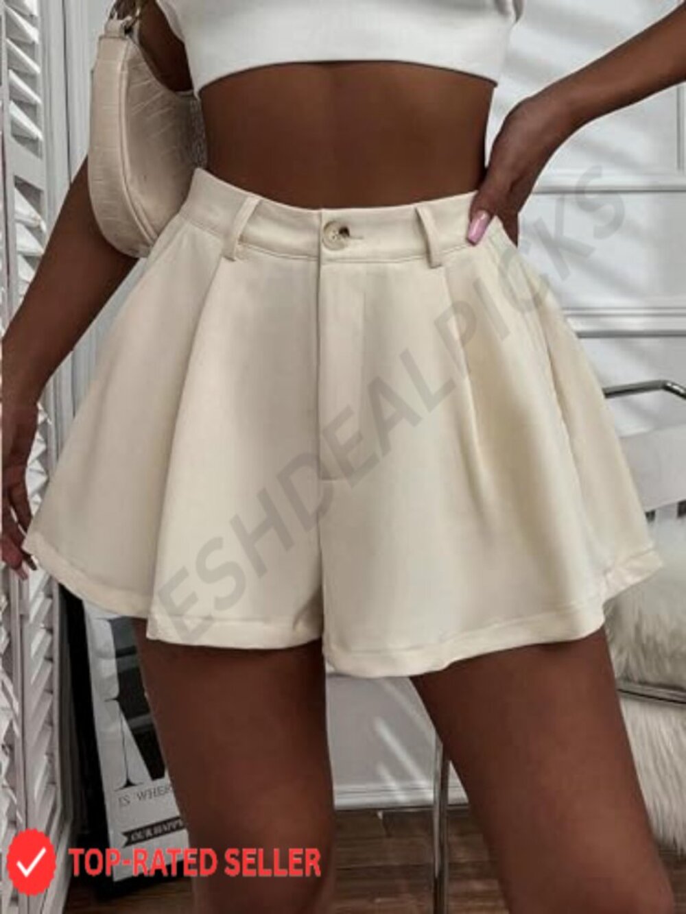 Elastic High Waisted Wide Leg Pleated Flowy Casual Shorts with Pockets - Picture 5 of 6